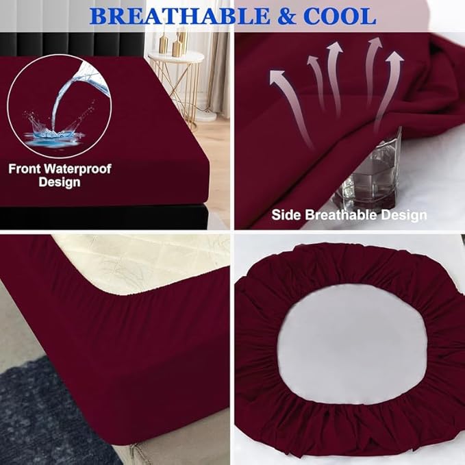 1 Piece Waterproof Mattress Protector Family King Size Fits Up to 15" Inch Deep Pocket Pad Cover Fitted Style Super Soft Terry Fabric Vinyl-Free Burgundy Solid