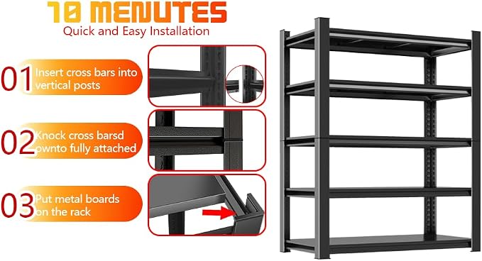 Garage Shelves,45''W Heavy-Duty Storage Shelves, Double-Layer Uprights, Thickened Shelves, Waterproof &Rustproof, Suitable for Indoor & Outdoor Use. (BLACK, 5TIER 45''W*16''D*72''H, 5-TIER) - Image 6