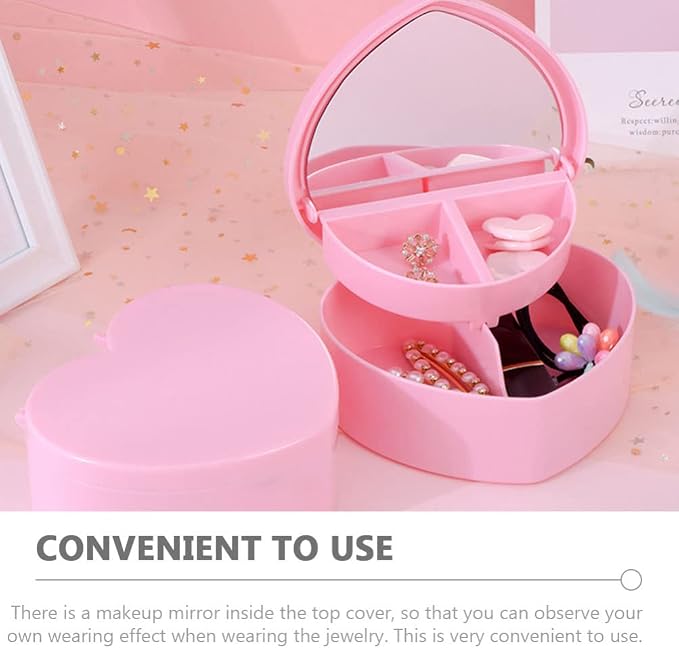Cabilock 4 PCS Heart Shape Double Layer Jewelry Box with Mirror, Portable Jewelry Organizer Case for Earrings Rings Necklaces Desk Topper Organizer, Pink - Image 6