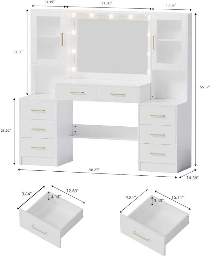 UGTOO 58.3" Large Vanity Desk with Mirror & Lights, Makeup Vanity with 10 LED Lights, 8 Metal Sliding Drawers & 2 Cabinets, White Vanity Set with Power Outlet &3 Lighting Modes Without Stool