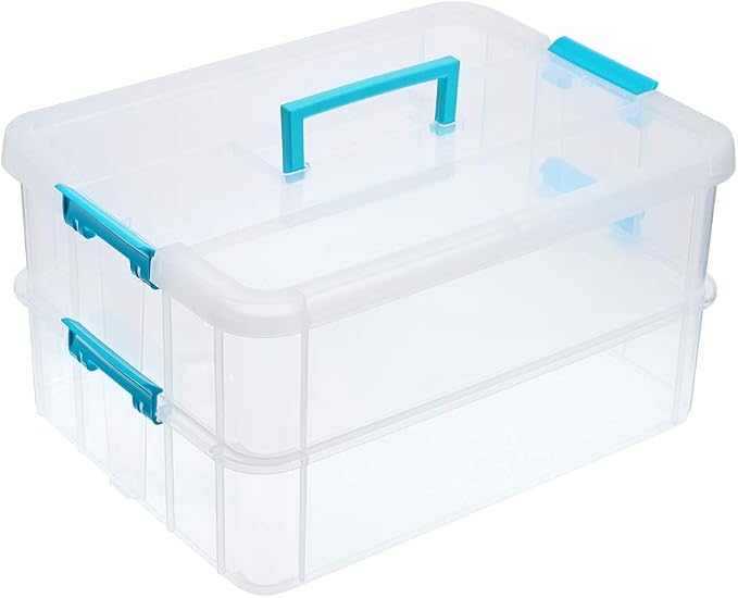 JUXYES 2-Tiers Stack Carry Storage Box With Handle, Transparent Stackable Storage Bin With Handle Lid Latching Storage Container for School & Office Supplies (Blue) by JUXYES