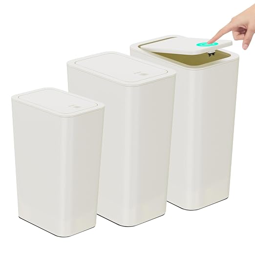 N. NETDOT Bathroom Trash Can with Lid 3 Pack Set,2 Packs 4Gal Slim Kitchen Trash Can and 1 Pack 2.6Gal Garbage Can,Small Trash Bin/Waste Basket for Bedroom,Office(Off White) by NNETDOT