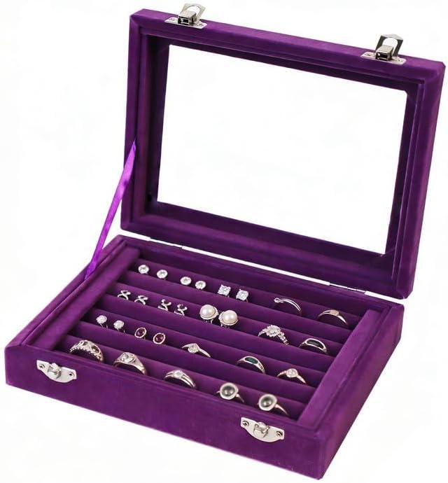 Jewelry Box Rings Organizer Tray 7 Slots Velvet Jewelry Earring Storage Box With Transparent Lid Jewelry Display Case for Girls Women (Purple) by EONGOA