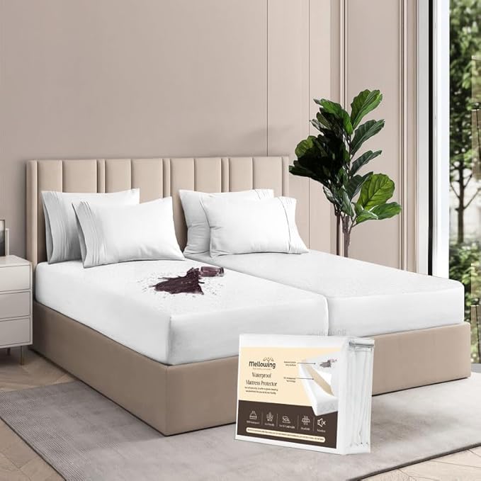 Mellowing 2 PCs Split Waterproof Mattress Protector Pad Cover Fitted Style Luxury Mattress Cover Terry Cotton White 10" Inch Deep (Split King 39"X80")
