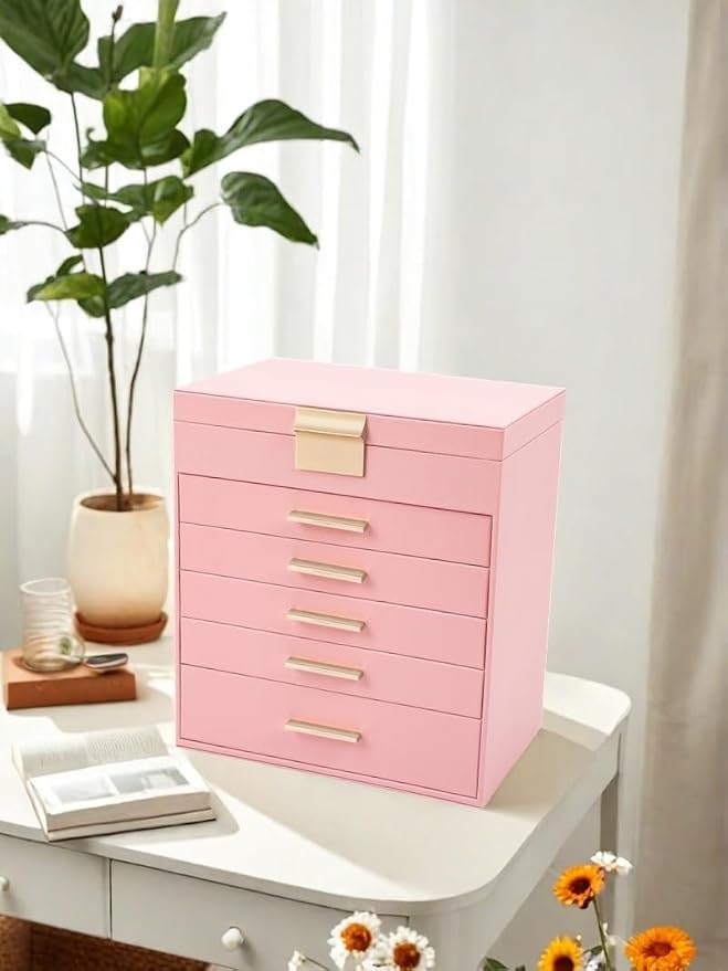 BOOVO Jewelry Boxes for Women, White and Black 6 Layer Large Jewelry Box for Necklace, Bracelet, Earrings, Rings Storage, Jewelry holder Organizer for Girls Gift (Pink, 6 layer) - Image 6