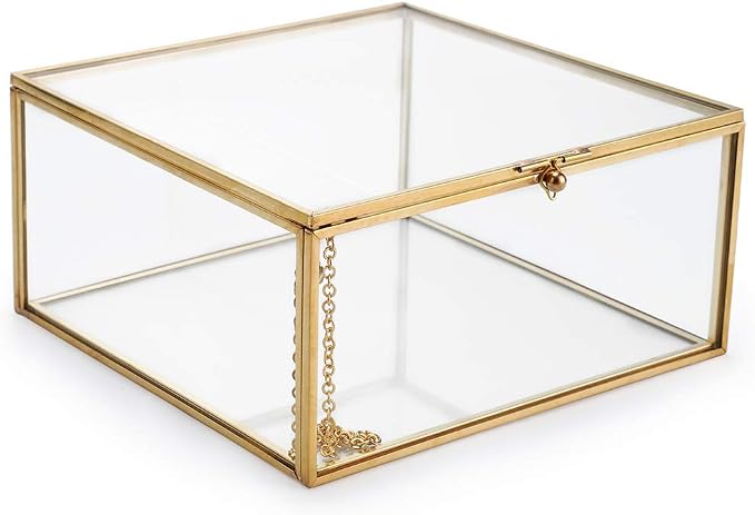 Hipiwe Vintage Glass Jewelry Organizer Box - Golden Metal Keepsake Box Desktop Jewelry Organizer Holder Wedding Birthday Gift Square Vanity Decorative Box for Dresser,6.3"x 6.3"x 3.35" - Image 6