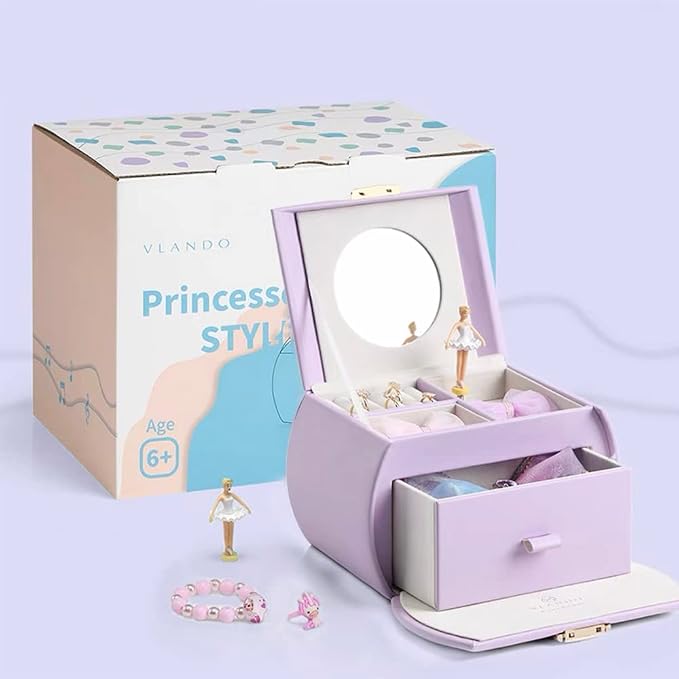 Vlando Musical Jewelry Box with Spinning Ballerina, Lockable Girls’ Jewelry Organizer for Necklaces Rings and Hair Accessories, Gift for Girls and Kids, Purple - Image 6