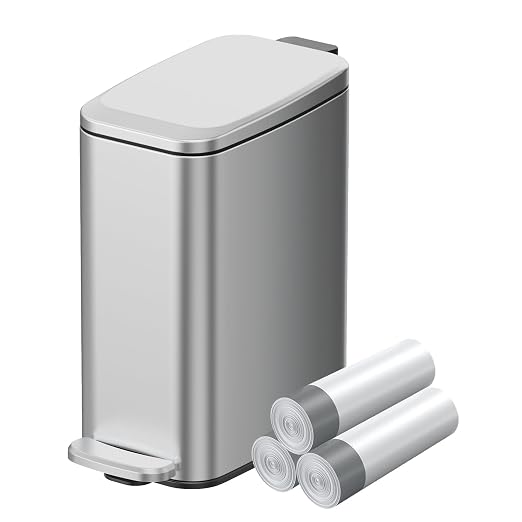 KUK Slim Bathroom Trash Can with Lid, 1.6 Gal / 6L Stainless Steel Small Garbage Bin with Detachable Inner Bucket, Step Pedal, Silent Close, Wastebasket for Toilet, Bedroom, Home, Office (Silver) by KUK