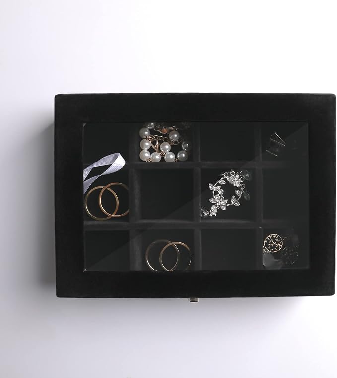 Frebeauty Jewelry Organizer Tray with Clear Lid,12 Grid Velvet Drawer Insert Jewelry Box with Transparent lid Jewelry Display Case Store Showcase Jewelry Box Gift for Women(Black,12 Grid) - Image 5