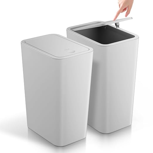 TIPGO Bathroom Trash Can with Lid, 4 Gallon / 15 Liter Small Garbage Can, Press Top Bin, Plastic Wastebasket with Pop-Up Lid for Bedroom, Living Room, Office (Grey, 2 Pack) by TIPGO
