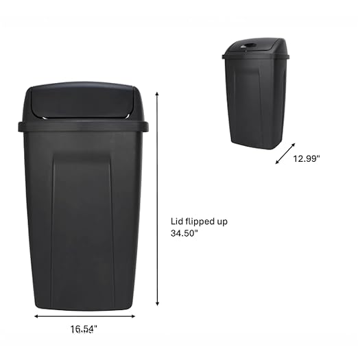 13 Gallon Swing Top Trash Can - Black Plastic Kitchen Garbage Bin with Lid - Image 3