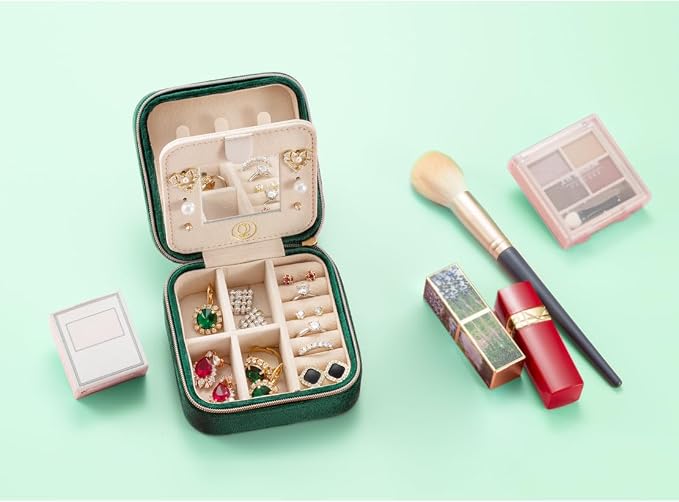 Plush Velvet Jewelry Travel Case,Small Jewelry Box,Traveling Jewelry Organizer,Portable Jewellery Storage Holder for Rings Earrings Necklace Bracelet, for Girls Women | Green-Mirror - Image 6