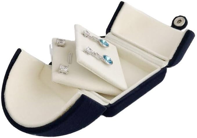 Navy Blue Velvet Premium Grade Jewelry Box for Earrings Necklace Double Layer Modern Unique Design Packaging Gift for Her (Jewelry is not included) - Image 3