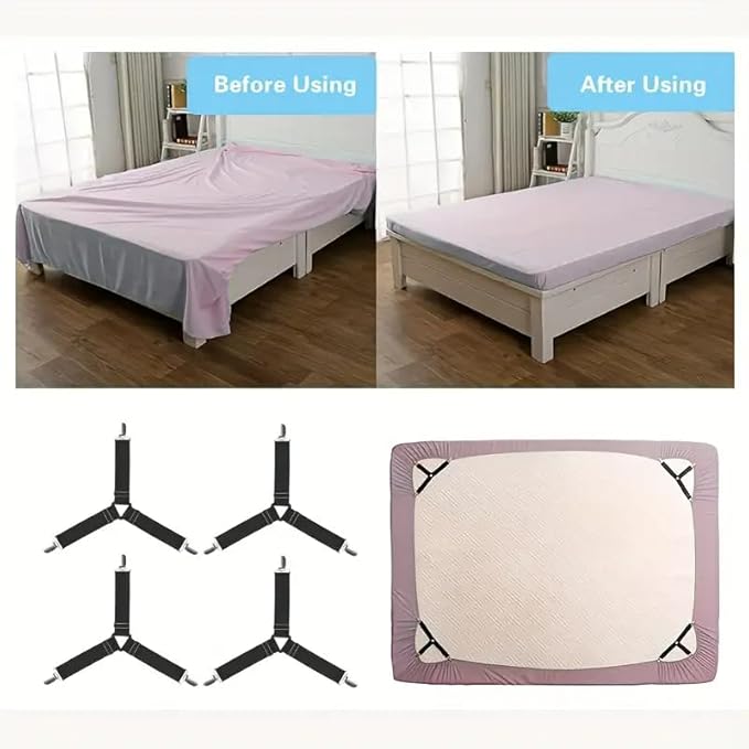 Bed Sheet Fasteners – Adjustable Elastic Mattress Suspenders & Corner Straps, Bed Sheet Gripper Clips for Fitted Sheets, Mattress Covers & Pads, Triangle Black Set of 4