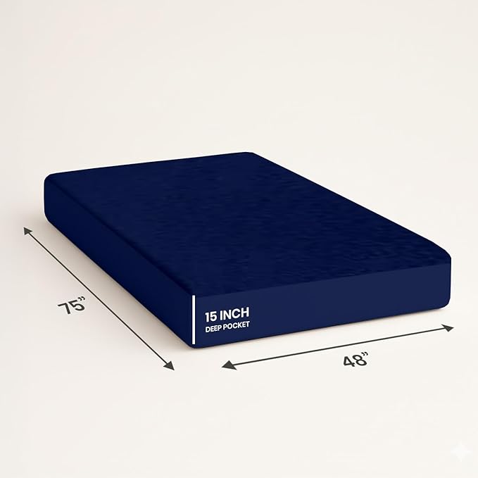 SGI bedding Waterproof RV Bunk Cot Bed Mattress Protector 48"x75" for Narrow Twin Camping Bed Mattress Pad Cover, Truck Sleeper & RV Beds - Soft, Noiseless, Breathable, 15" Deep Pocket - Navy Blue
