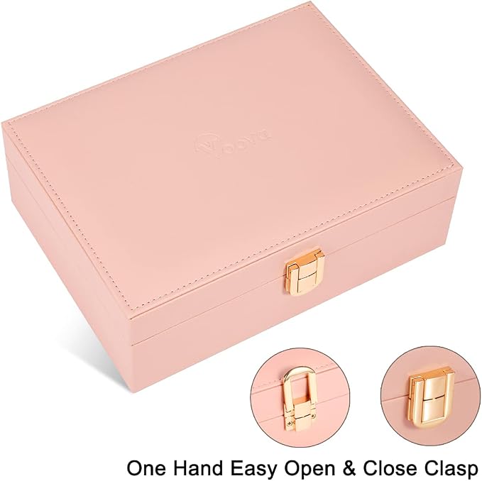 Voova Jewelry Box Organizer for Women Girls, 2 Layer Large Men Jewelry Storage Case, PU Leather Display Jewellery Holder with Removable Tray for Necklace Earrings Rings Bracelets, Vintage Gift, Pink - Image 5