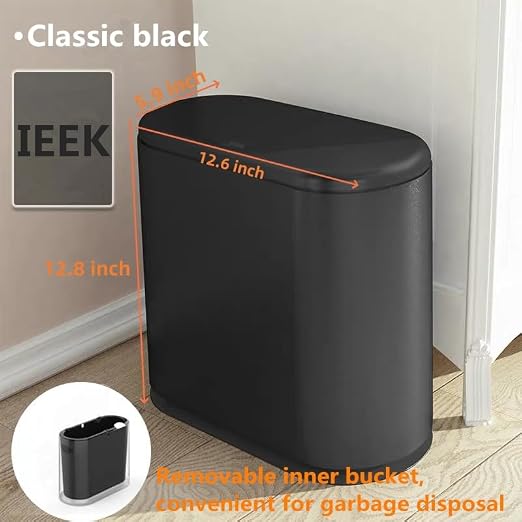 IEEK Plastic Trash Can with Press Top Lid,3.2 Gallon /12 Liter Garbage Can,Black Modern Waste Basket Thin Trash Cans for Bathroom,Kitchen,Living Room,Office and Narrow Spaces - Image 2