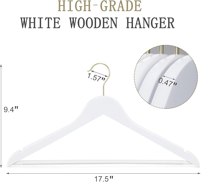 TOPIA HANGER Wooden Hangers 30 Pack, White Wood Coat Hanger with 360° Swivel Gold Hook, Non Slip Pants Bar and Shoulder Notches for Camisole, Jacket, Pants, Smooth Finish Clothes Hangers -CT34WG30 - Image 2
