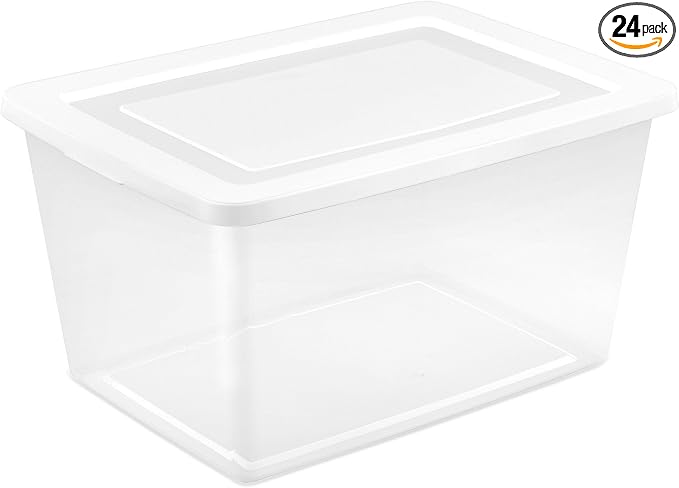 Sterilite 24 Pack Storage Box, 58 Quart Stackable Tote, Clear Plastic Container with Secure Snapping Lids for Home and Office Organization, White by Sterilite