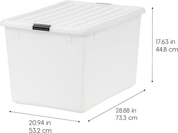 IRIS USA 144 Qt Stackable Plastic Storage Bins with Lids, 3 Pack - BPA-Free, Discreet Organizing Solution, Latches, Durable Nestable Containers, Secure Pull Handle, Made in USA - Pearl - Image 2