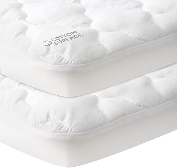 Waterproof Pack and Play Mattress Pad Sheets Fitted 2 Pack (Cover Only), Cotton Fabric Pack and Play Protector, Fits Graco Play Yard, Baby Mini Crib Sheet Cover