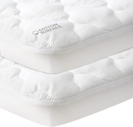 Waterproof Pack and Play Mattress Pad Sheets Fitted 2 Pack (Cover Only), Cotton Fabric Pack and Play Protector, Fits Graco Play Yard, Baby Mini Crib Sheet Cover