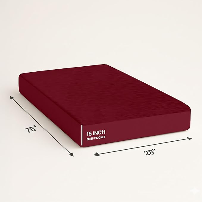 SGI bedding Waterproof RV Bunk Cot Bed Mattress Protector 28"x75" for Narrow Twin Camping Bed Mattress Pad Cover, Truck Sleeper & RV Beds - Soft, Noiseless, Breathable, 15" Deep Pocket - Burgundy