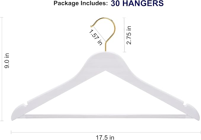 Amber Home 20 Pack White Wooden Coat Hangers with Gold Hook, White Wood Suit Hangers with Non-Slip Pant Bar, Clothes Hangers for Closet Organization, Shirts, Jackets, Dresses and Pants (White+Gold,20) - Image 2