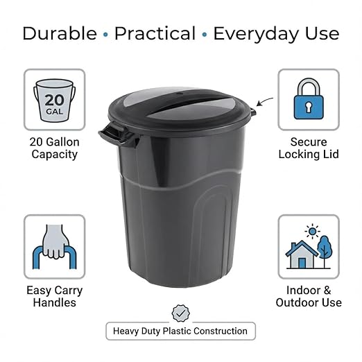 20 Gallon Heavy Duty Trash Can with Secure Click-Lock Lid – Durable All-Weather Plastic Garbage Bin for Outdoor Patio, Garage, Kitchen & Commercial Use – Black Utility Container - Image 3