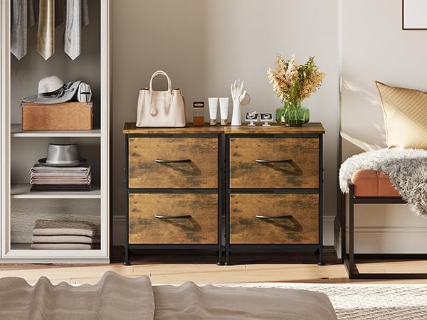 WLIVE Night Stand Set of 2, Small Dresser with 2 Drawers & Wooden Top, Nightstand with Fabric Bins, Bedside Table End Table for Bedroom, Closet, Entryway, College Dorm, Rustic Brown
