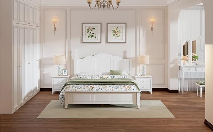 Harper & Bright Designs 3 Pieces Queen Bedroom Sets, Wooden Queen Size Platform Bed Frame with 2 Nightstands, Retro Design Queen Bedroom Furniture Sets, Easy to Assemble,White