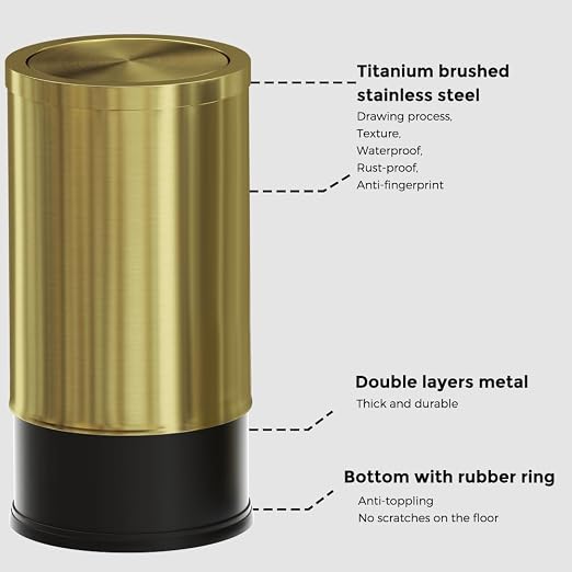 9 Liter/2.4 Gallon, Gold Trash can with Swing lid, Brass Small Trash can, Gold Trash Bin with Lid for Office, Living Room,Bathroom，Restaurant Bathroom - Image 4