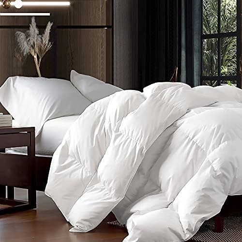 Luxurious Queen Size Goose Down Fiber Waterfowl Feather Fiber Comforter (90"x90"), Fluffy, Ultra Soft, Breathable Comforter Duvet Insert, All Season 48 oz. Fill Weight, Baffle Box Design (White Solid)
