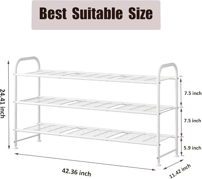 LINZINAR Shoe Rack Long 3 Tier Shoe Storage Organizer Metal Wide Shoe Shelf for Closet Entryway Bedroom 24 Paris Large Capacity, Black (White, 3-Tier) - Image 3