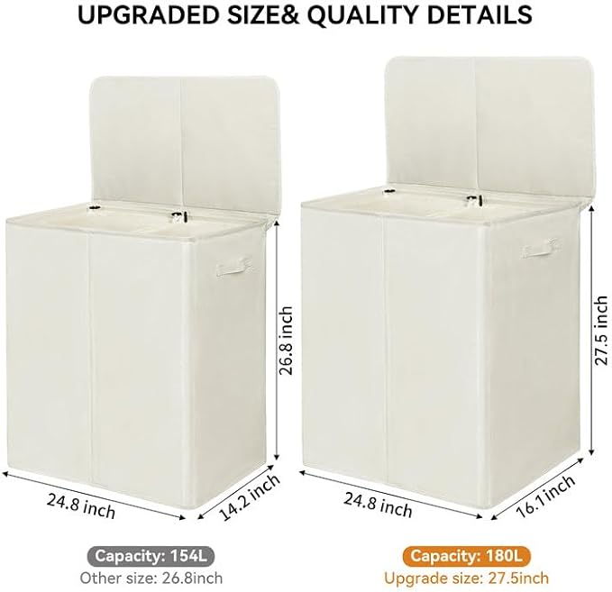 WOWLIVE 180L Double Laundry Hamper with Lid and Removable Laundry Bags, Large Dirty Clothes Hamper 2 section Collapsible Laundry Basket Dorm Room Storage for Bedroom, Bathroom, College,Beige - Image 2