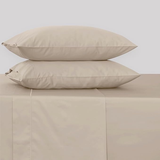 Feather & Stitch 500 TC Full Size 4pc Damask Bed Sheet Set, 100% Soft Cotton Breathable Bedsheets, 18" Deep Pockets Sateen Weave Solid Bedding Mattress Resort Hotel Luxury Decor - (Champagne Beige)