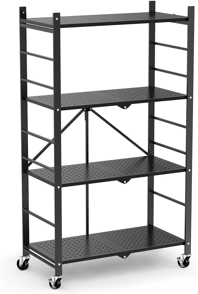 Himix Storage Shelves with 20 Hooks, 4-Tier Foldable Shelves for Storage, Folding Shelf Unit Pantry Shelves with Wheels, Metal Shelving Storage Rack Shelf for Kitchen Garage Home, Black - No Assembly - Image 8