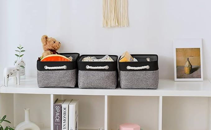 TheWarmHome Storage Basket for Organizing - 14x10x7 inch Medium 3 Pack Collapsible Storage Bin for Shelves with Rope, Fabric Storage Cubes for Organizer Cloth Gift Toy Closet (Black & Grey) - Image 8