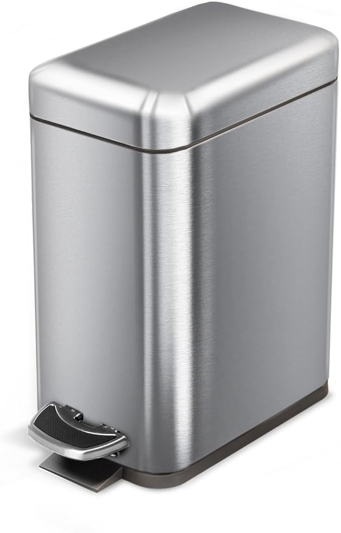 Home Zone Living 1.3 Gallon Small Bathroom Trash Can with Lid and Step Pedal, Stainless Steel Wastebasket with Slim Design for Home and Office, Silver, 5 Liters by HomeZoneLiving