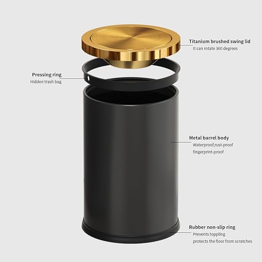 9L/2.4GAL Black and Gold Bathroom Trash Can, Small Trash Can with FILP Lid for Bathroom,Hotel,Office,Lundry,Powder Room (ＢＬＡＣＫ) - Image 7