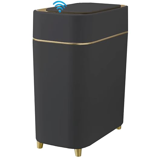 Yatmung Automatic Bathroom Trash Can with Touchless Lid - Slim Motion Sensor Trash Can - Bathroom, Bedroom, Kitchen, Laundry Room, Small Spaces - Compact Smart Trash Bin - Black with Gold Edge, 1Pack by Yatmung