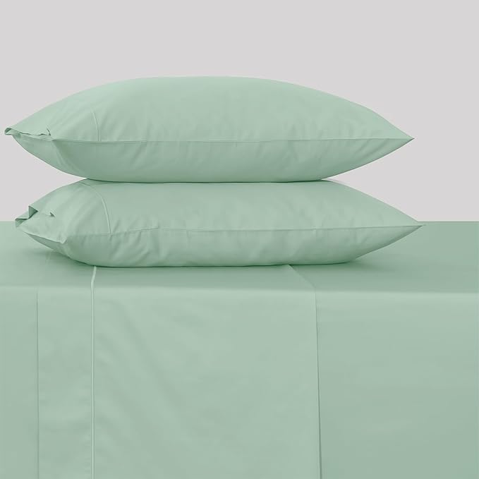 Feather & Stitch 500 TC Split King Size Sheet Set, 5 Piece Bed Sheets Set-2 Twin Fitted Sheet, 1 King Flat Sheet & 2 King Pillowcases, 18" Deep Pockets Sateen Weave Striped Bedsheet - (Soft Sage)