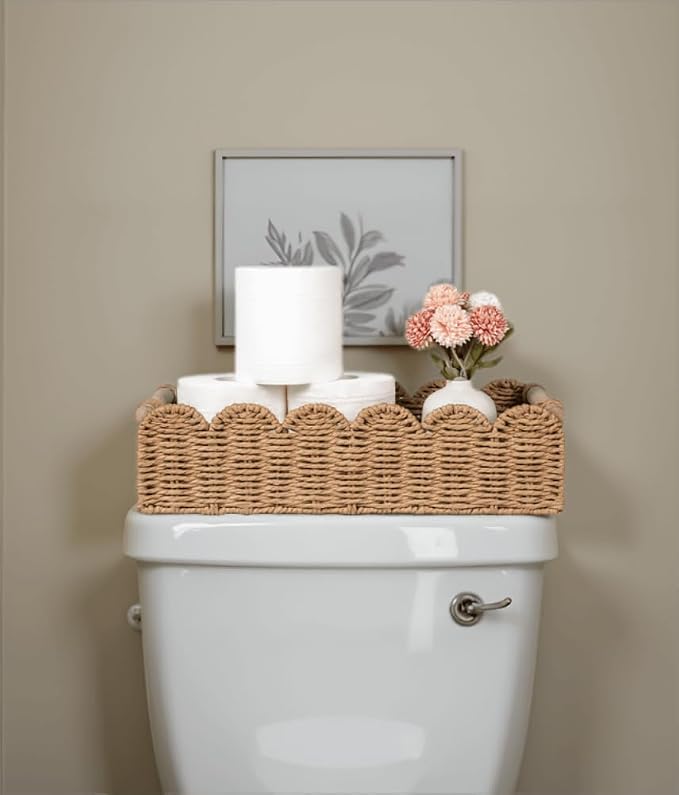 CubesLand Toilet Paper Storage Basket, Scalloped Edge Shelves Basket for Organizing for Over Toilet Tank Storage, Home Decor Baskets for Shelf, Countertop, Living Room, Bedroom, Handwoven, Neutral - Image 8