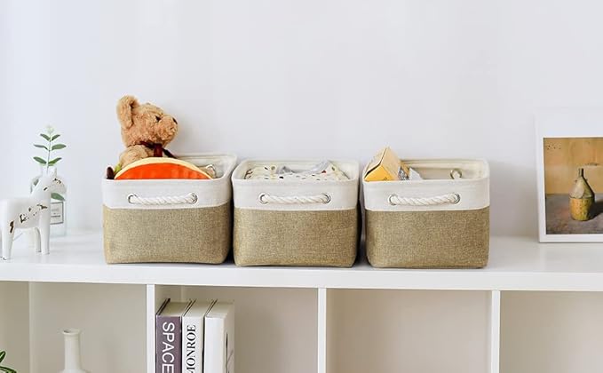 TheWarmHome Storage Basket for Organizing - 14x10x7 inch Medium 3 Pack Collapsible Storage Bin for Shelves with Handles, Canves Storage Box for Organizer Cubes Cloth Gift Toy Closet (White & Khaki) - Image 4