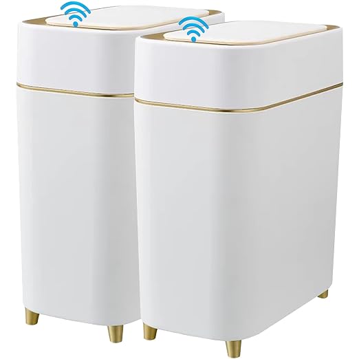 Yatmung 2-Pack - Automatic Compact Trash Can with Touchless Lid Smart Garbage Can - Waste Basket for Bathroom, Bedroom, Laundry Room, Small Spaces - Motion Sensor Trash Bin - White with Gold Edge by Yatmung