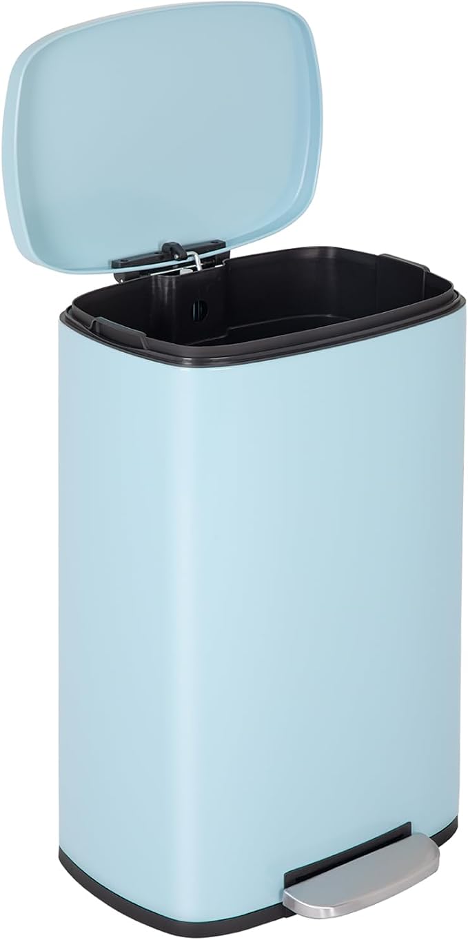FDW | 13 Gallon Trash Can with Lid | Blue | Fingerprint-Proof | Made of Brushed Stainless Steel | Soft-Close Step Pedal | Hands-Free Use | Easy to Clean | for Kitchen, Office, Bathroom by FDW