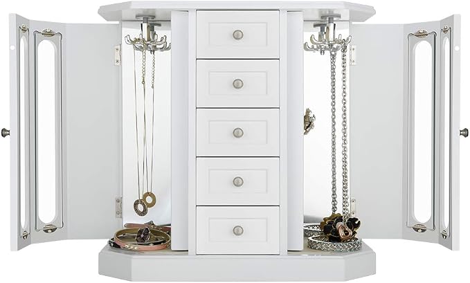 RR ROUND RICH DESIGN Jewelry Box - Made of Solid Wood with Cabinet Type 5 Drawers Organizer and 2 Separated Open Doors on 2 Sides and Large Mirror White - Image 3