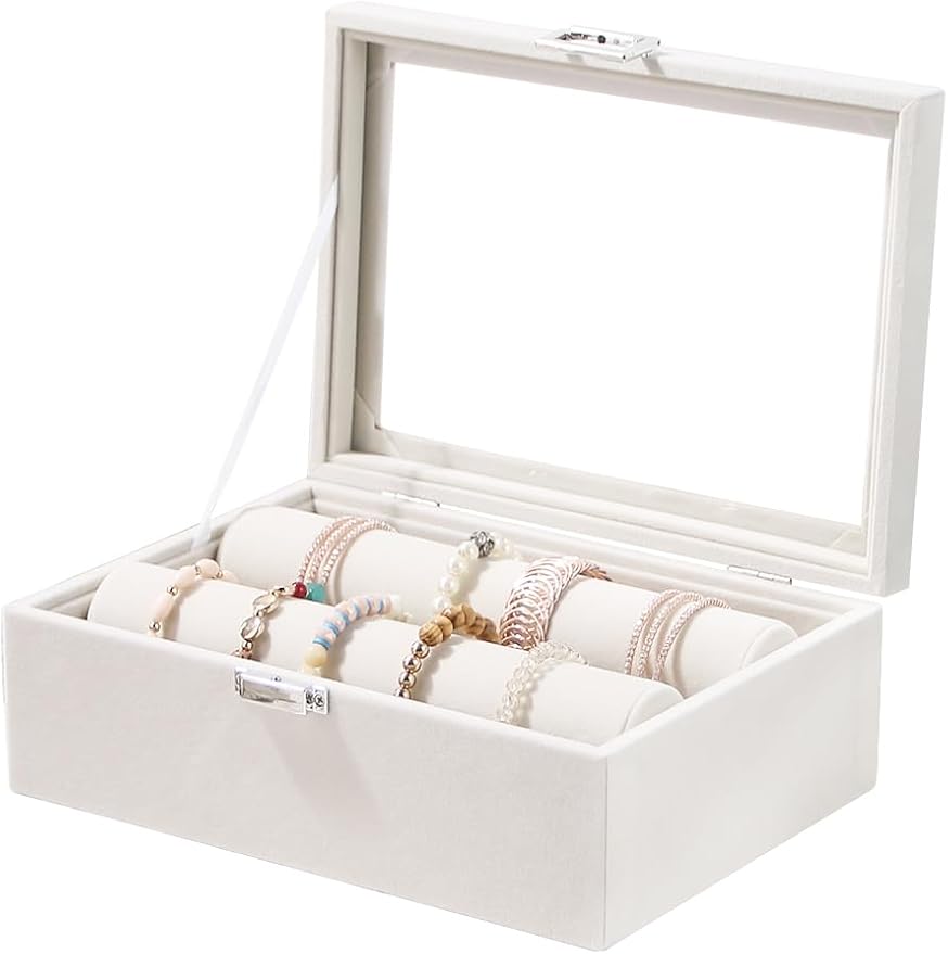 Bracelet Holder Organizer Box, Jewelry Storage Case with 2 Rods, Bangle Watch Display Tray for Women Girls (Beige) by Kanwoder