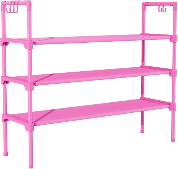 LANTEFUL 3 Tier Shoe Rack for Closet, Shoe Organizer with 5 Hooks, Long Shoe Shelf Storage for Shoe and Boot Stackable Free Standing Shoe Rack for Entryway, Garage, Small Spaces, Dorm, Pink - Image 8