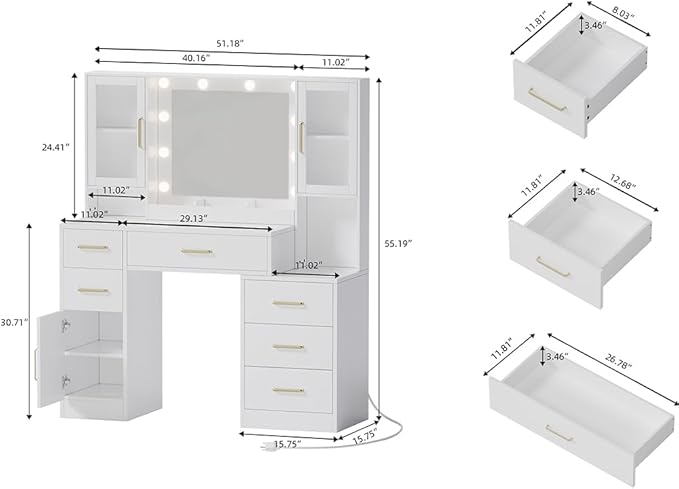 UGTOO Makeup Vanity Desk with Mirror and Lights, 51.2" Makeup Vanity with Lights & Charging Station, Dressing Table Vanity Set for Bedroom, White Vanity Table with 6 Drawers and 3 Cabinet